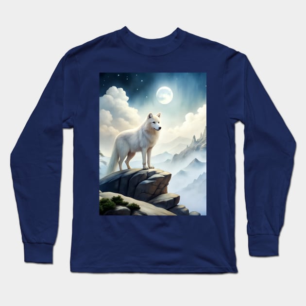 White Wolf Hunting Ground, Winter Mountain Wild Icy Moon, Forest, Galaxy Beautiful gifts Novelty Animal Pattern Fashion T-Shirt Long Sleeve T-Shirt by sofiartmedia